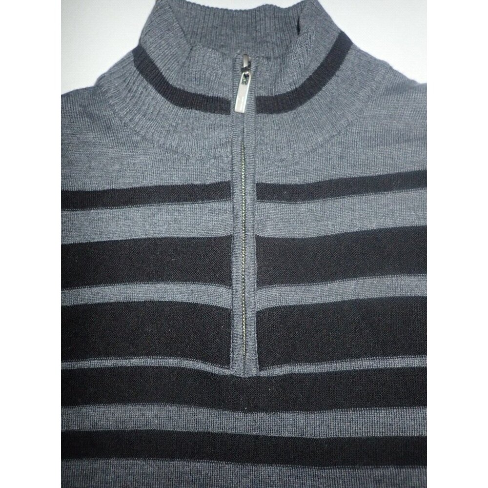 Neve M‎ Mens Black Gray Merino Wool Sweater Zip Mock Neck Geometric Stripe Knit